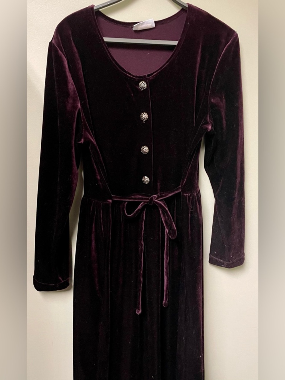 Vintage Velvet Long Sleeve Midi Dress with Button Front - Deep Plum- XL